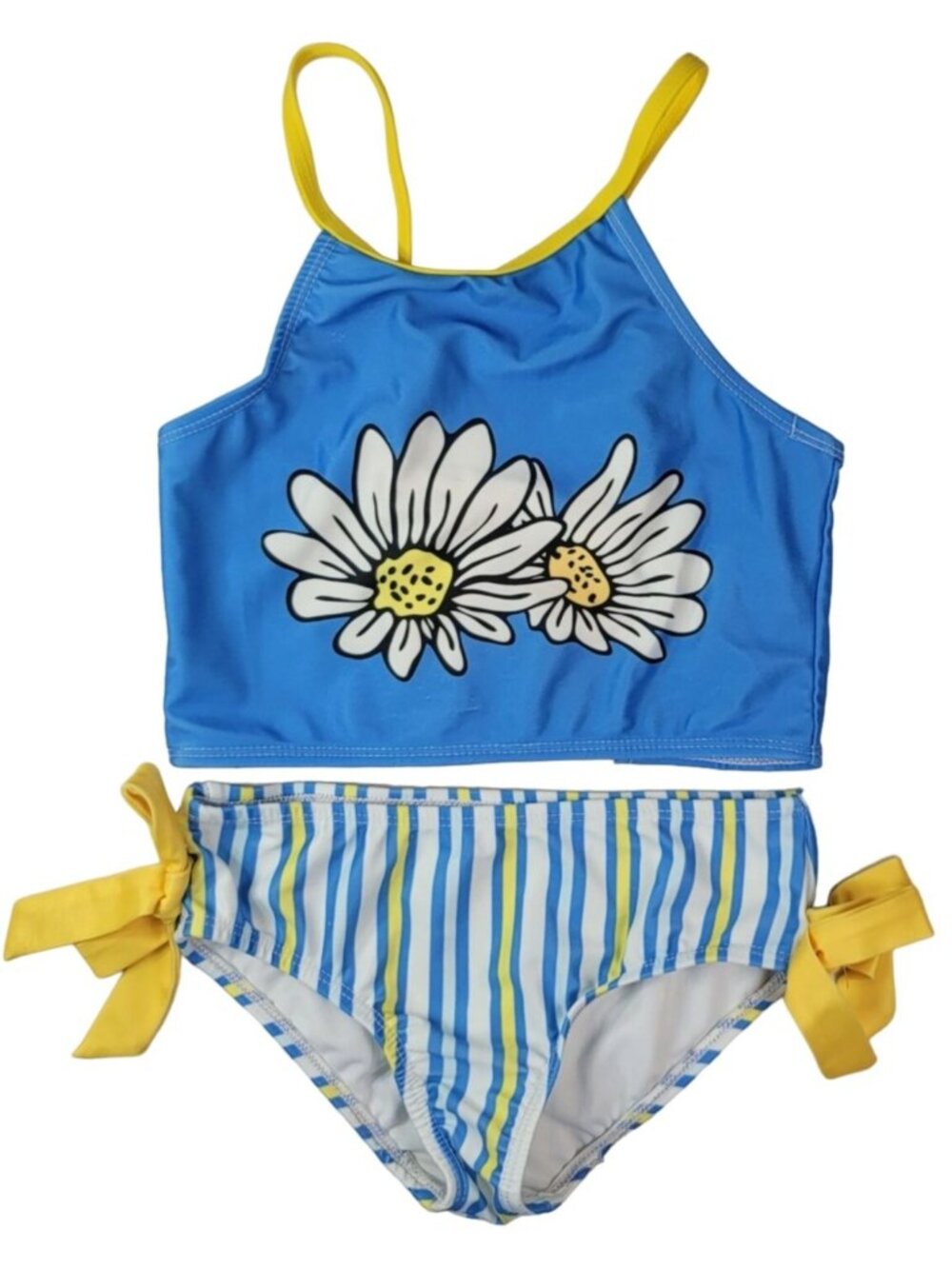 Sunshine Swing Girls 2 Piece Swimsuit Blue Size 10 Adj Strap Bows Daisy Stripe